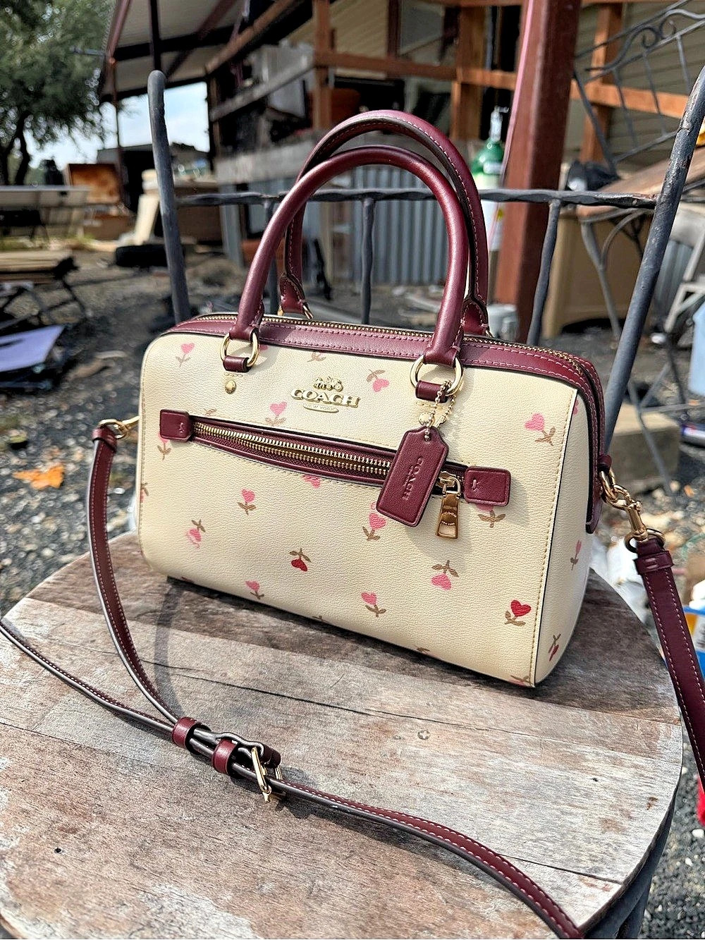 Coach Rowan Satchel in Heart Floral Print Cream & Pink